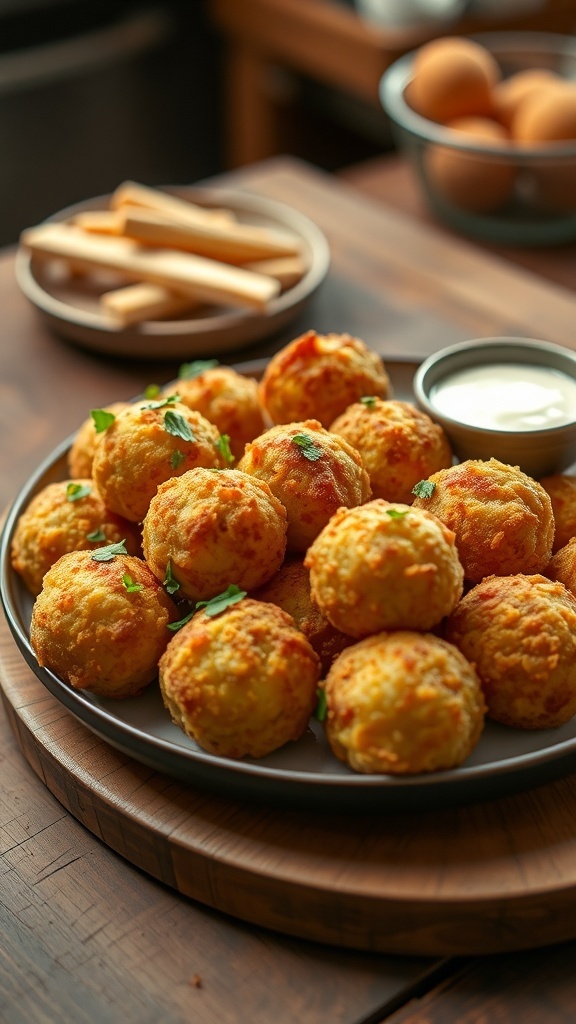 Crispy Mashed Potato Balls Recipe Crispy mashed potato balls on a plate with dipping sauce, garnished with herbs.